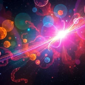 Artistic representation of quasars emitting brilliant light in the cosmos.