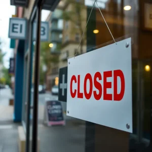 Closed sign on a storefront of Republic National Distributing