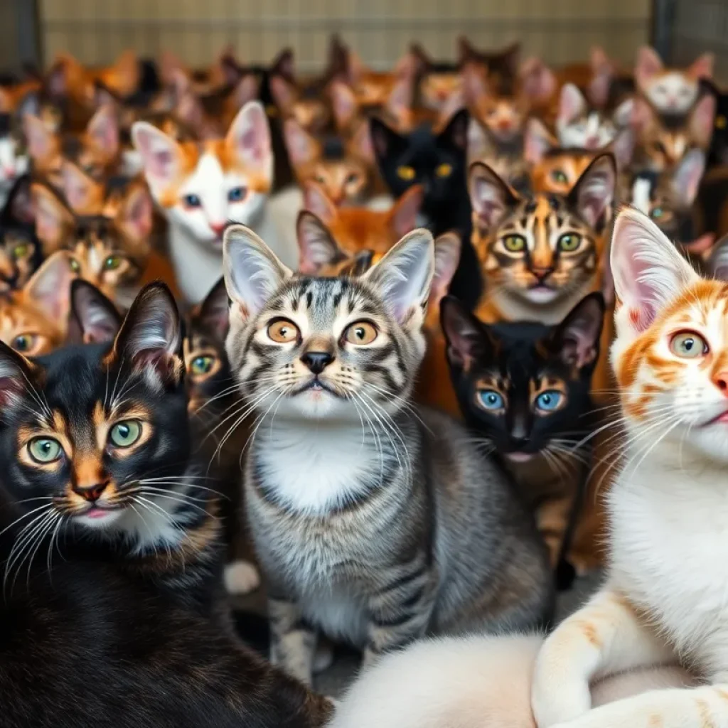 Group of rescued cats at an animal shelter