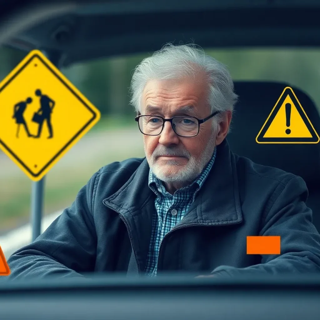 Illustration depicting the importance of cognitive testing for elderly drivers and road safety awareness.
