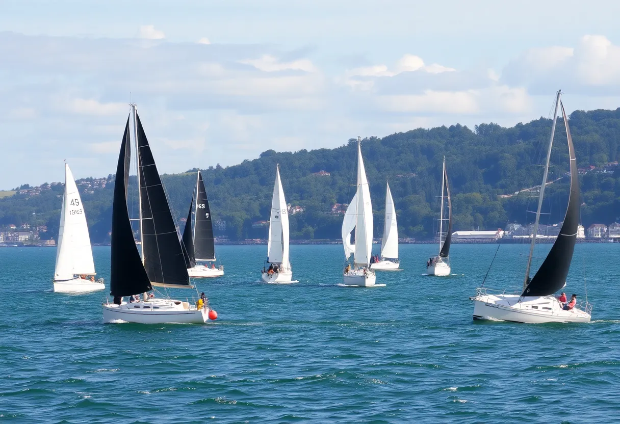 Sailboats participating in the Flight of Newport regatta