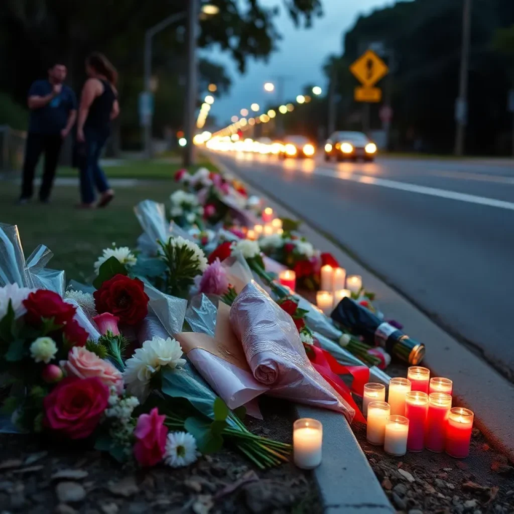 Flowers and candles placed at a roadside memorial for car accident victims