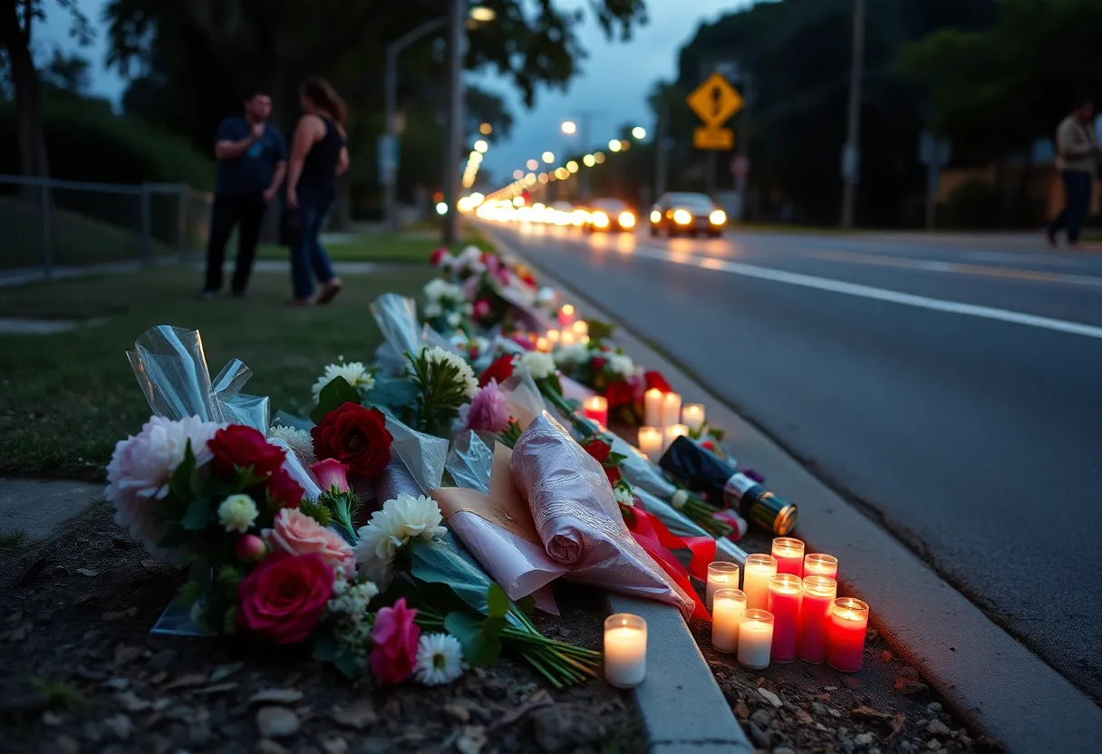 Flowers and candles placed at a roadside memorial for car accident victims