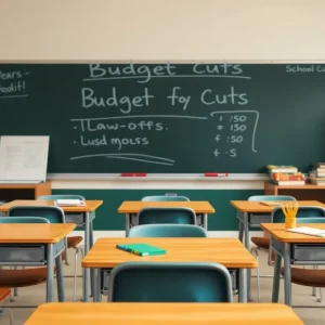 Empty classroom reflecting school layoffs and budget cuts