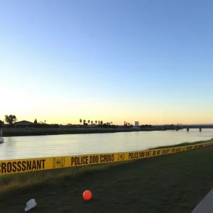 Police investigation scene by the Santa Ana riverbank