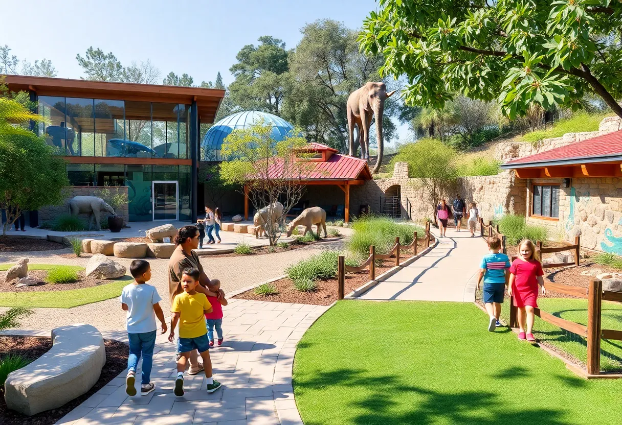Visitors enjoying the renovated Santa Ana Zoo with modern animal exhibits and pathways