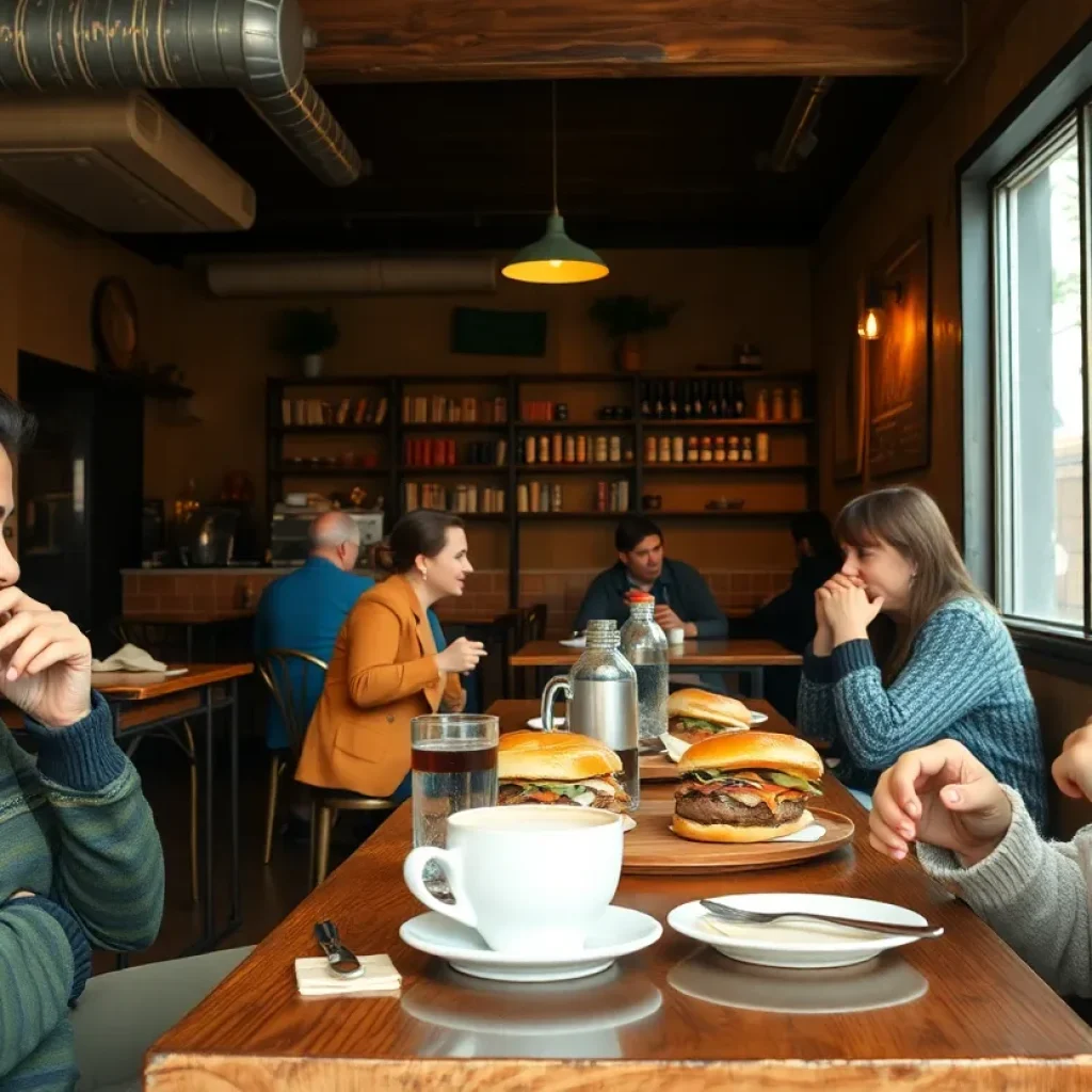 Interior of Steadfast Cafe showcasing patrons enjoying their meals.