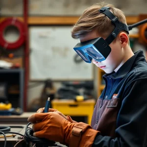 Teen working on welding project in workshop