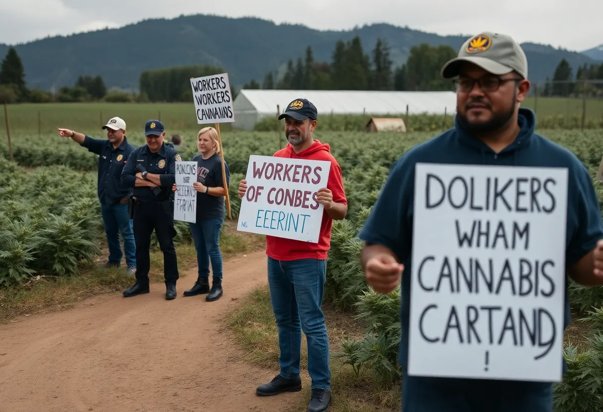 Demonstrators outside a cannabis farm protesting federal raids