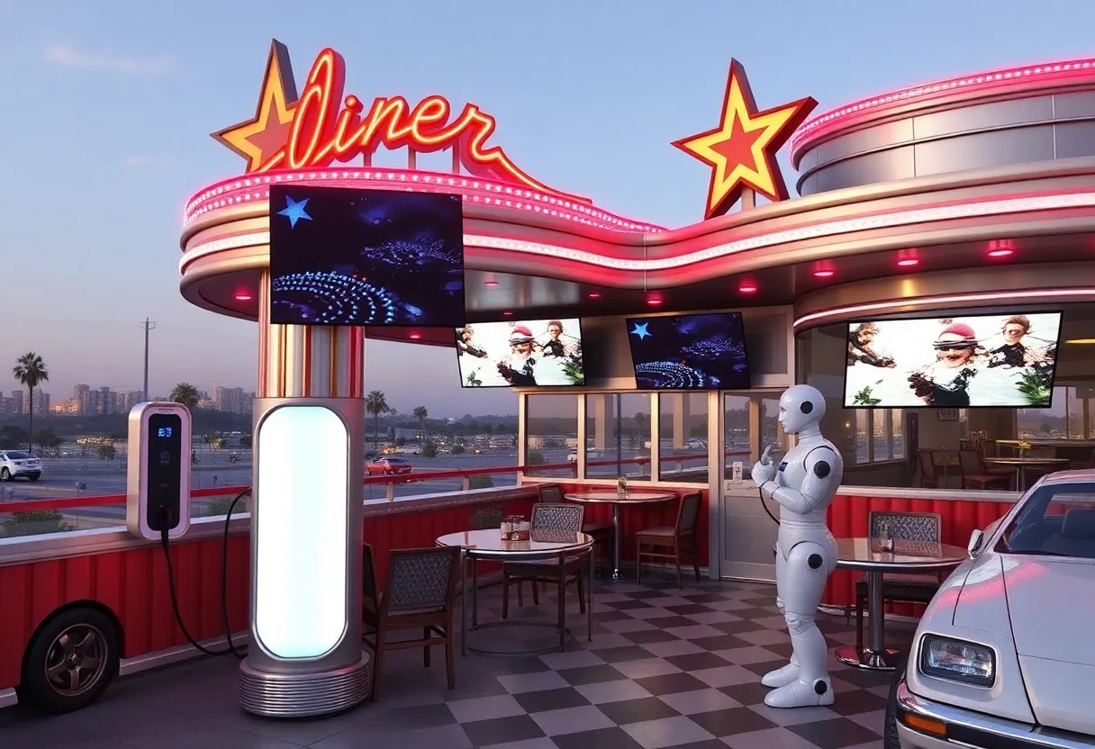 Exterior view of the Tesla Diner showcasing retro-futuristic design.