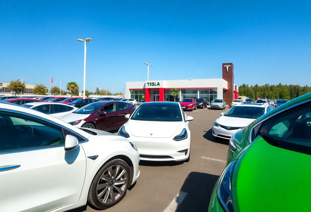A lineup of electric vehicles at a dealership, highlighting the competition in the EV market.