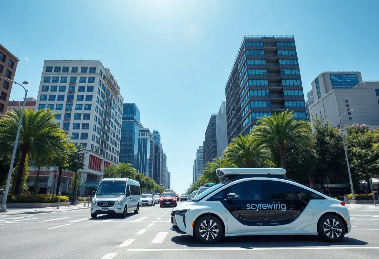 Futuristic cityscape with autonomous ridesharing vehicles