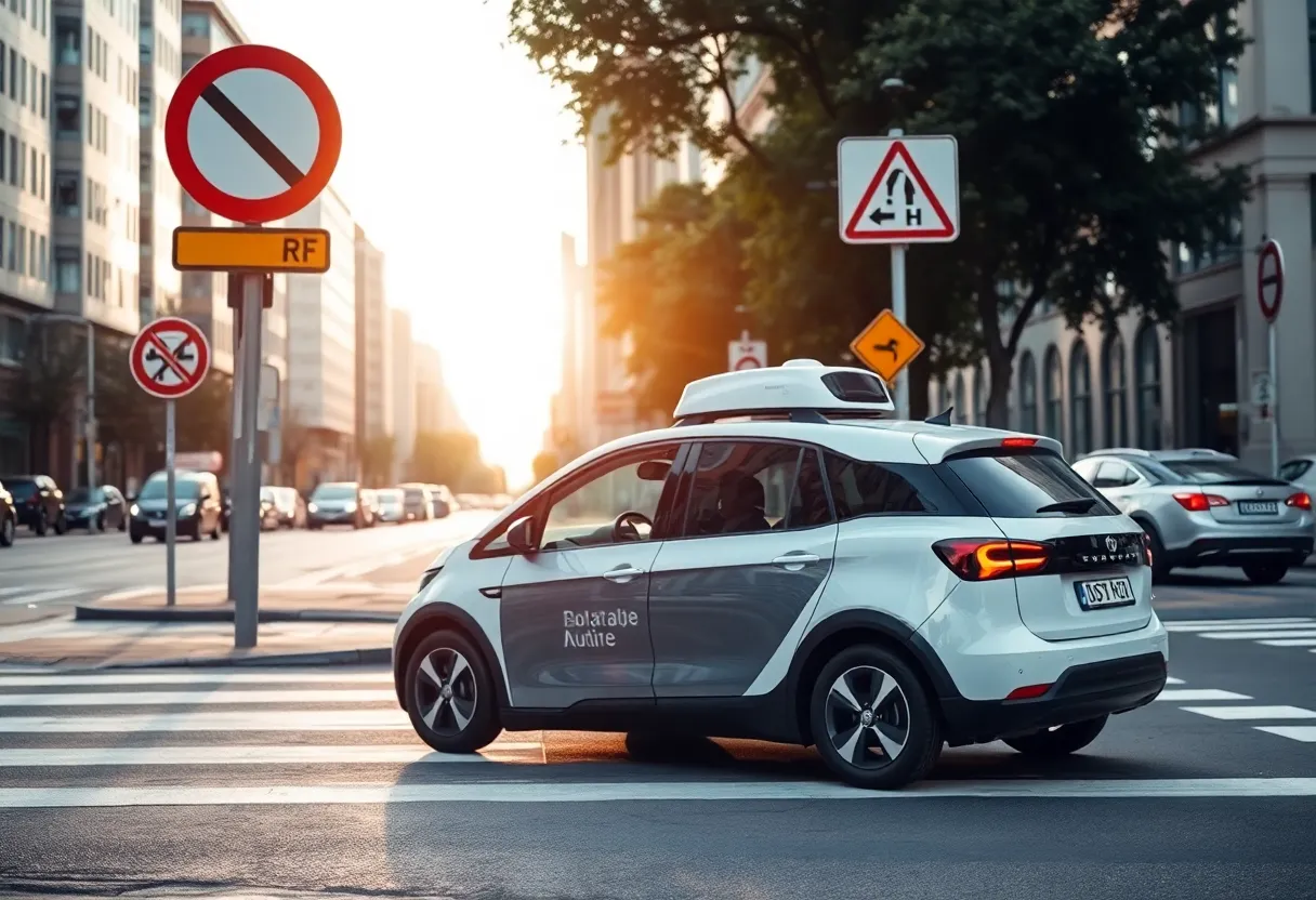 Tesla autonomous vehicle navigating city traffic with safety signs