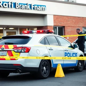 Police at a vehicle burglary scene near a bank