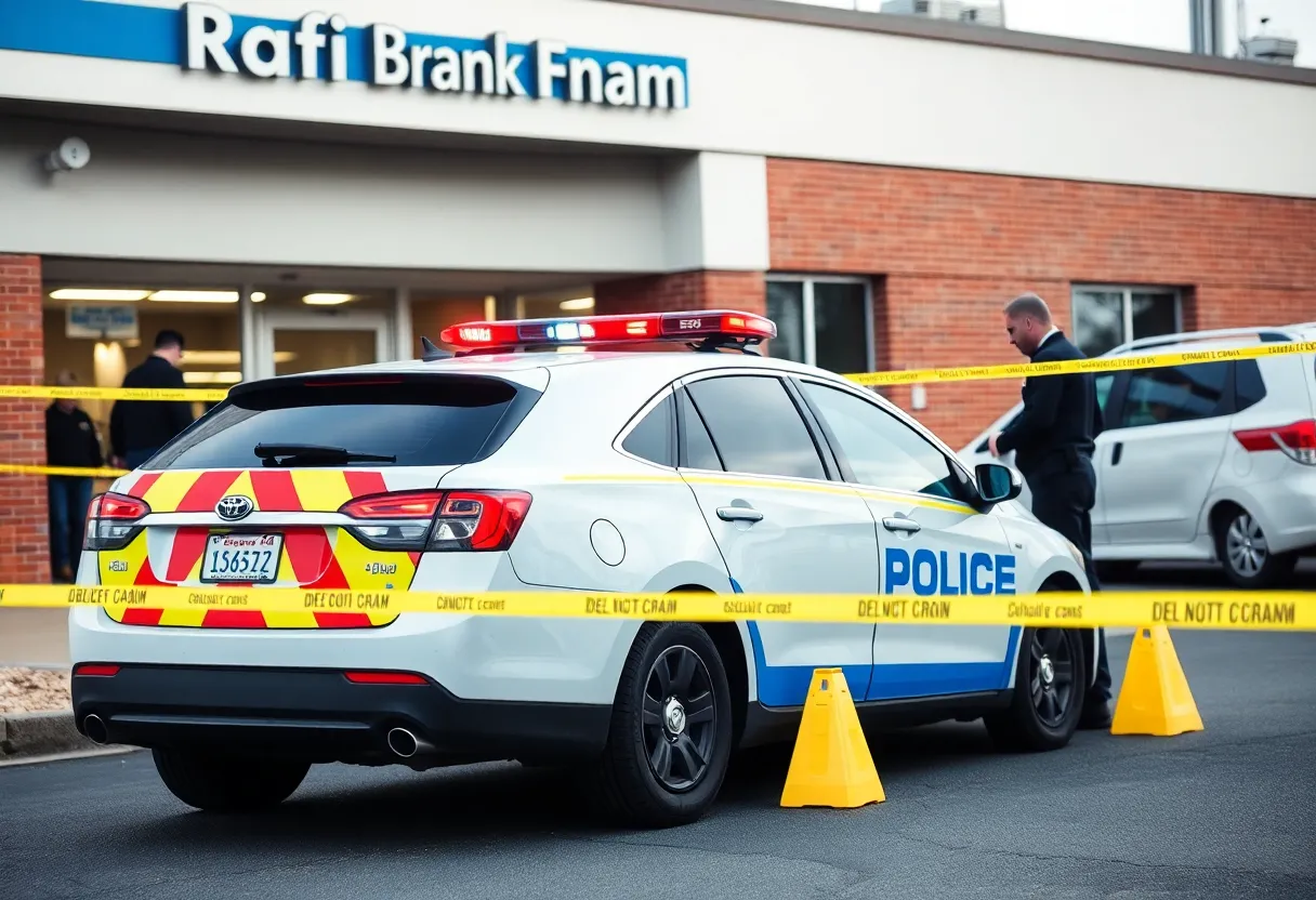 Police at a vehicle burglary scene near a bank