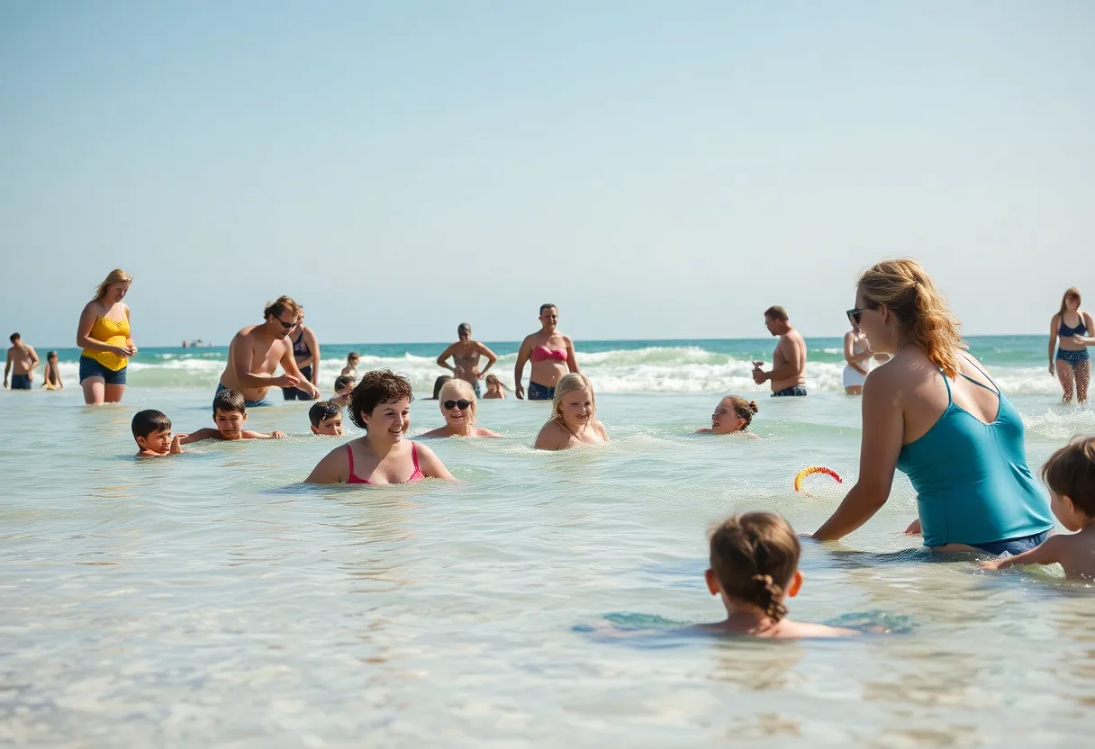 Adults supervising children during water activities in Huntington Beach.
