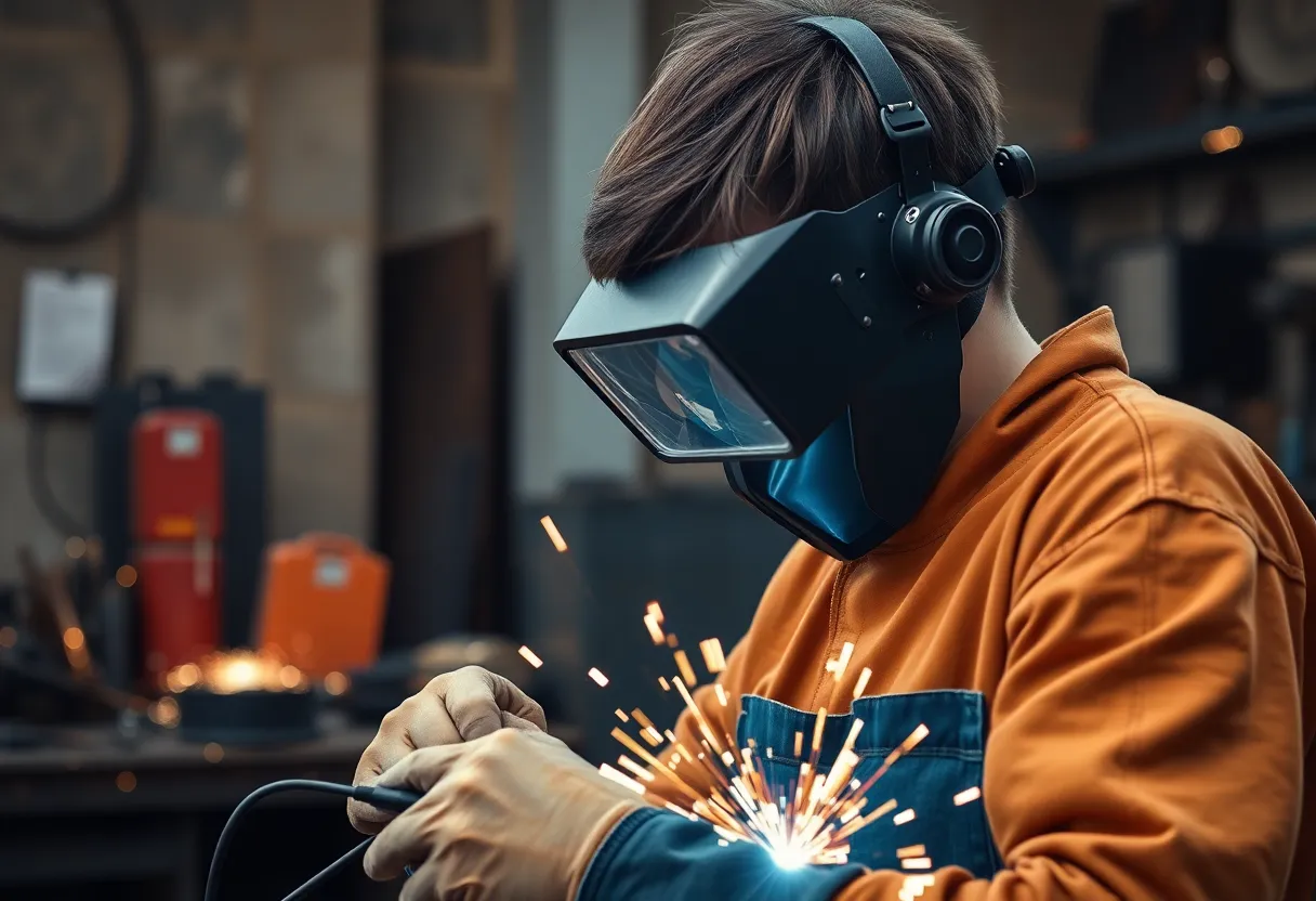 A teenager working on a welding project with protective gear in a workshop