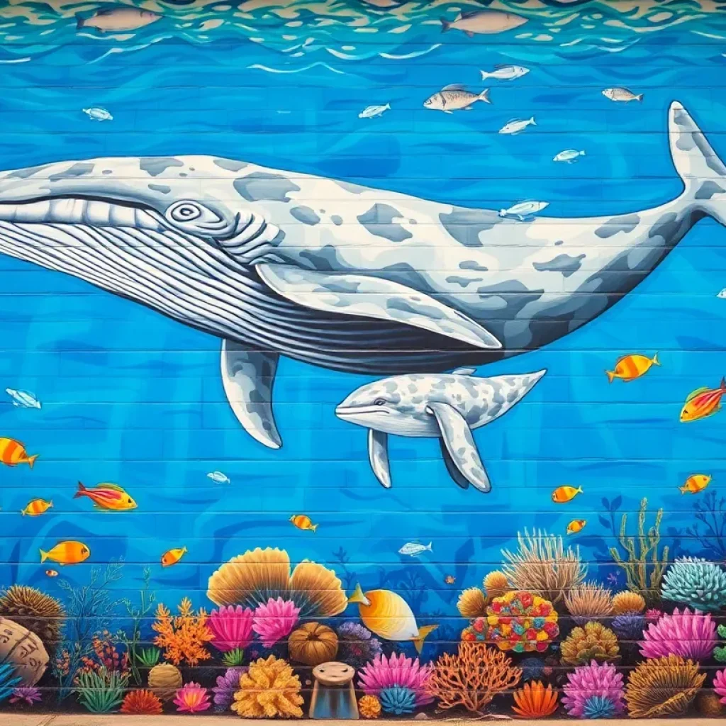 Restored mural depicting grey whale and calf