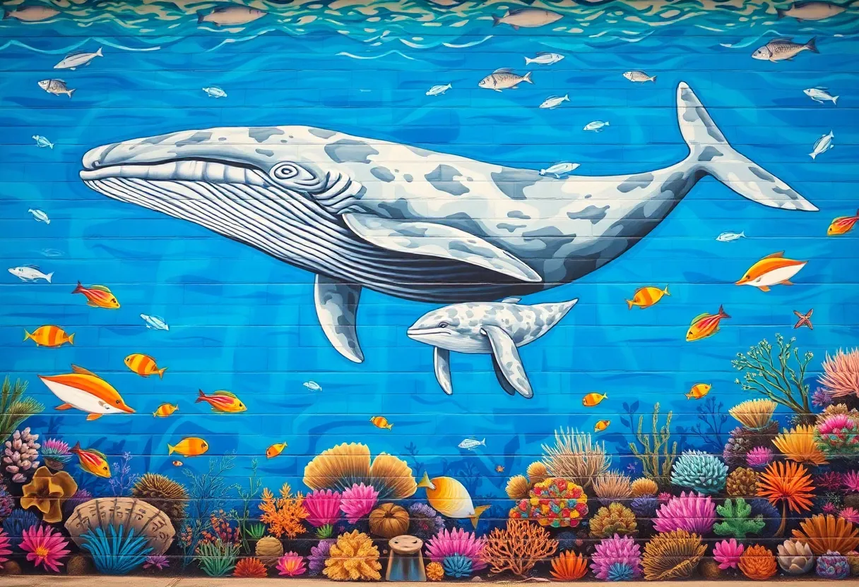 Restored mural depicting grey whale and calf