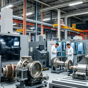 Advanced aerospace manufacturing facility with technicians and machinery