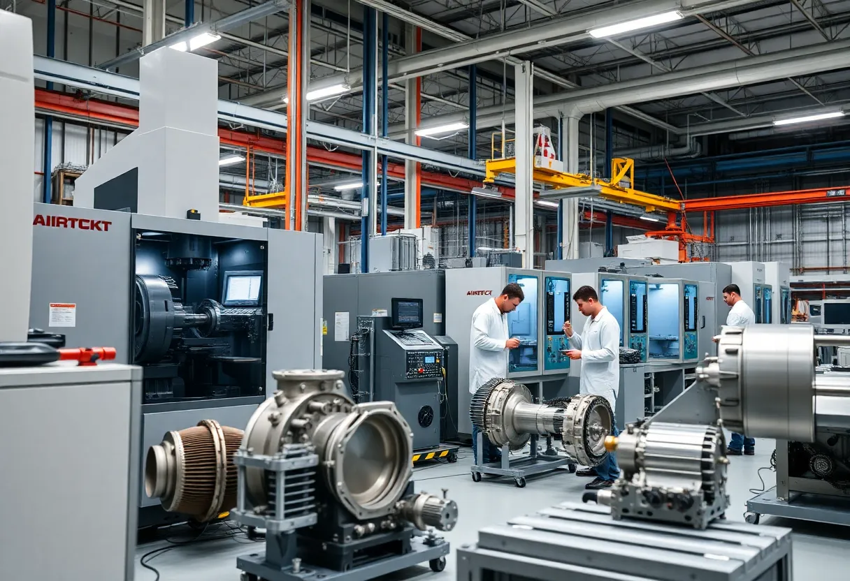 Advanced aerospace manufacturing facility with technicians and machinery