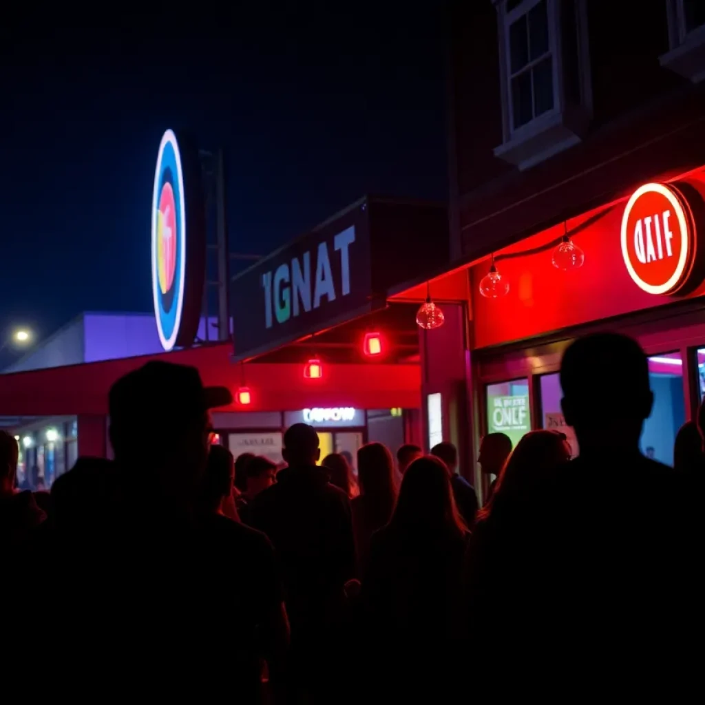 Nightlife atmosphere in Anaheim with patrons outside a bar
