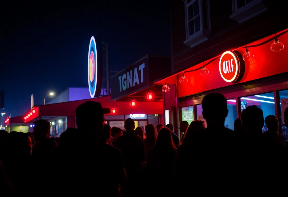 Nightlife atmosphere in Anaheim with patrons outside a bar