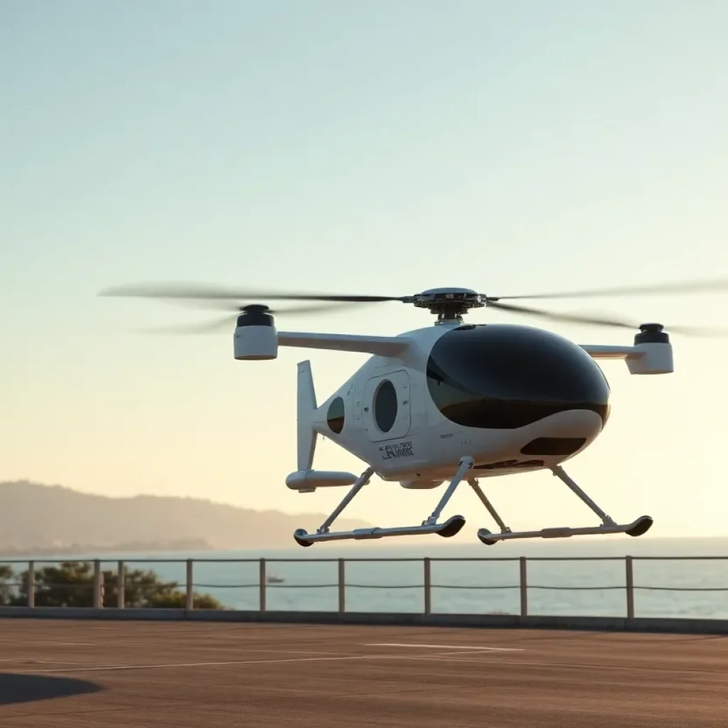 Futuristic eVTOL aircraft designed by Archer Aviation flying over Orange County