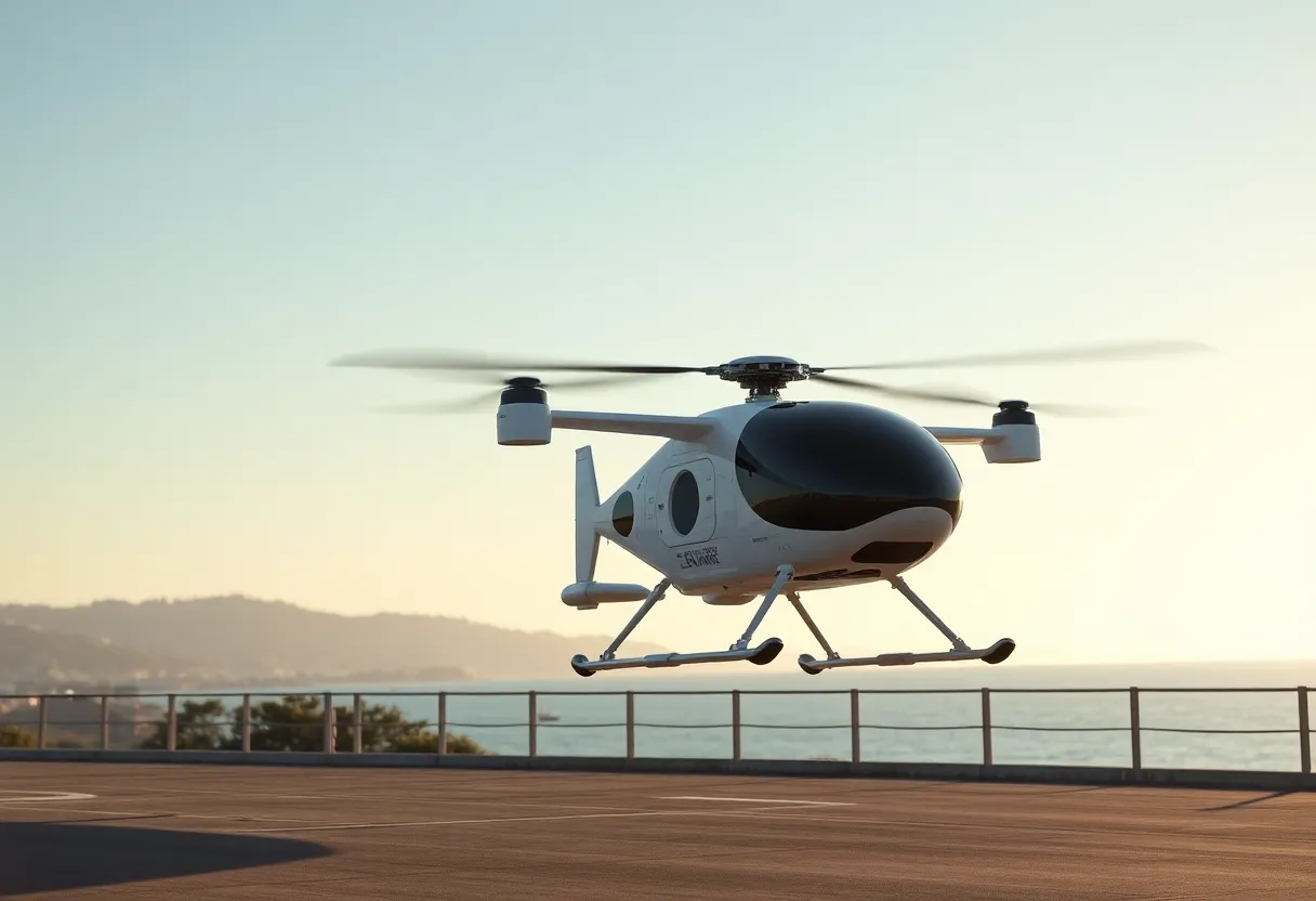 Futuristic eVTOL aircraft designed by Archer Aviation flying over Orange County