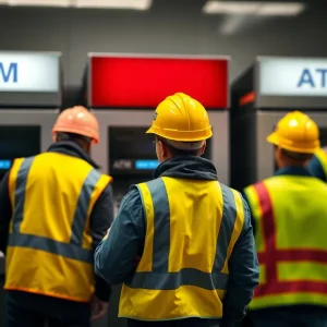 Abstract representation of an ATM theft operation with construction gear.