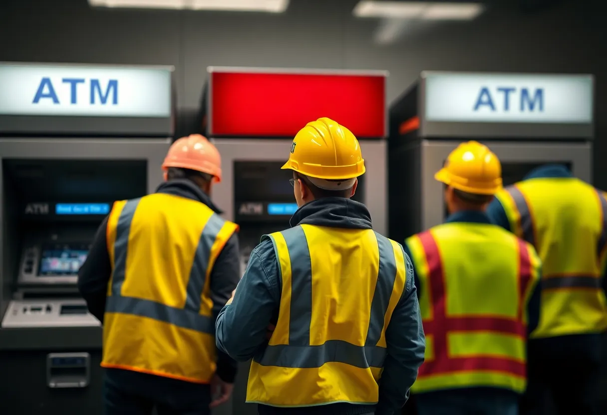 Abstract representation of an ATM theft operation with construction gear.