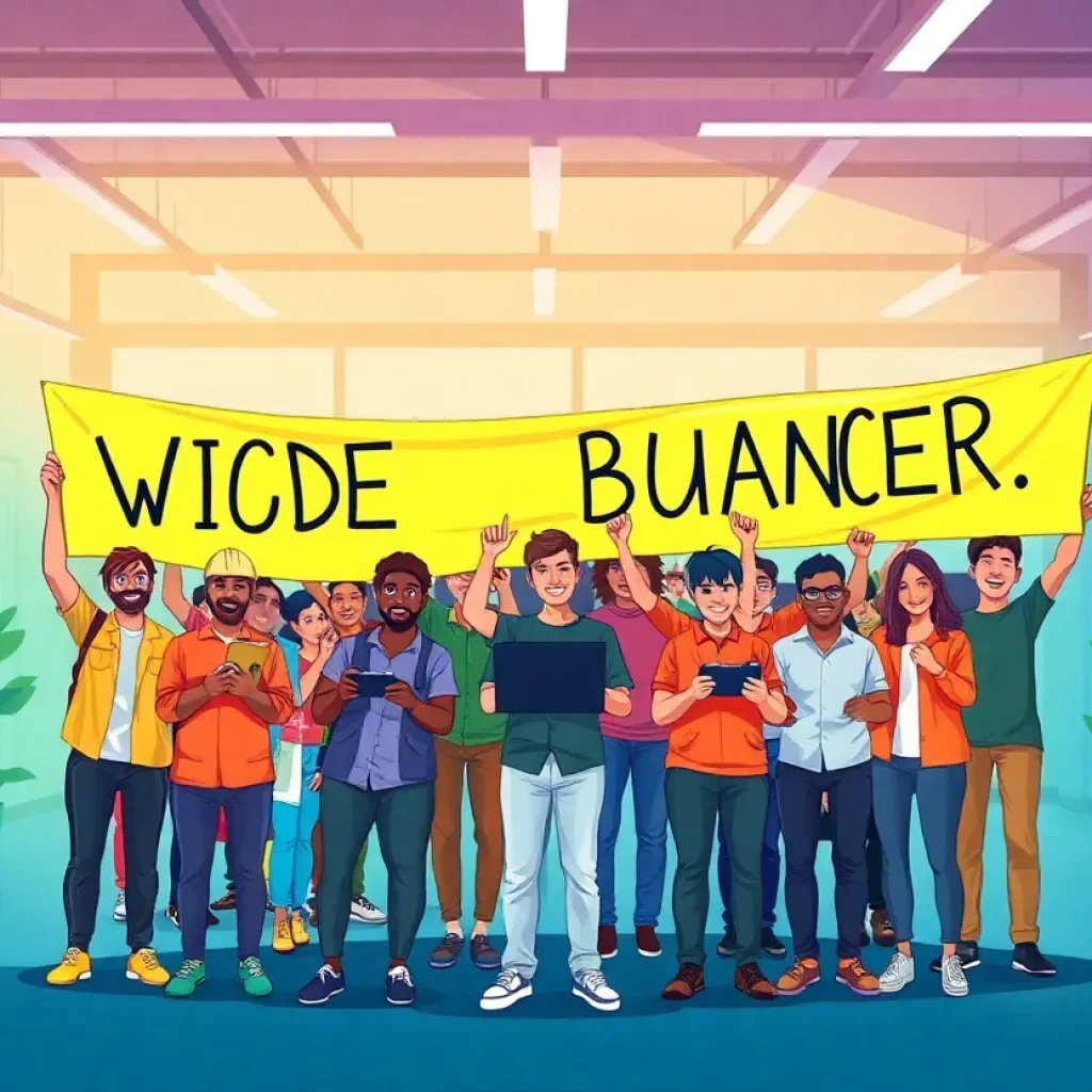Illustration of video game workers united for unionization