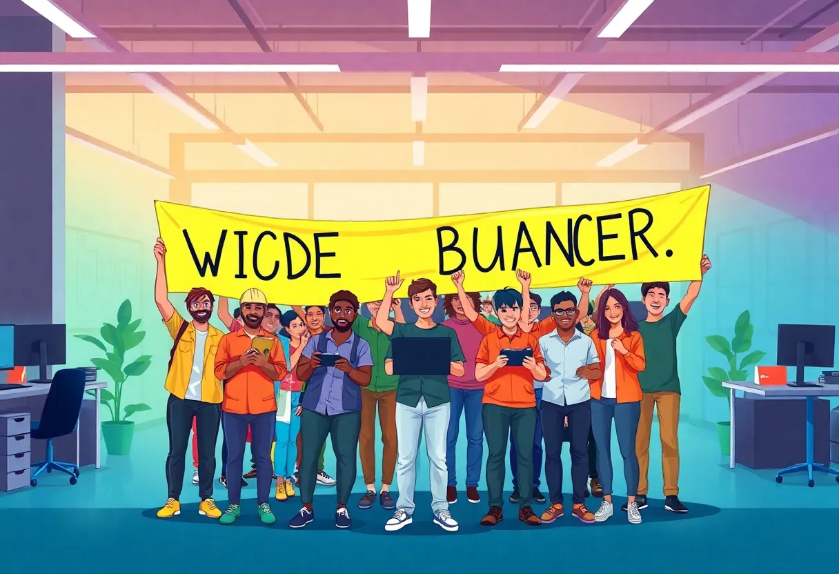 Illustration of video game workers united for unionization