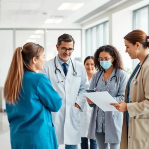 Healthcare professionals in a meeting discussing strategic initiatives.