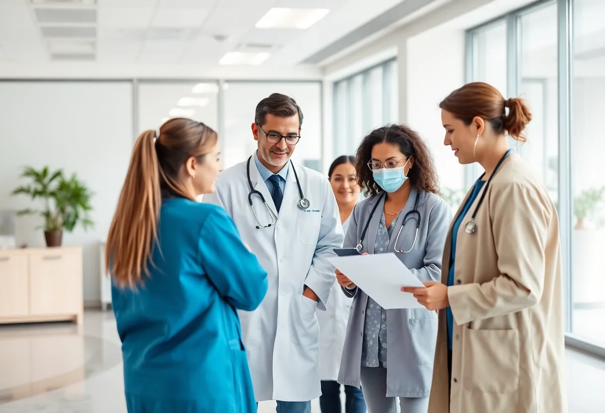 Healthcare professionals in a meeting discussing strategic initiatives.