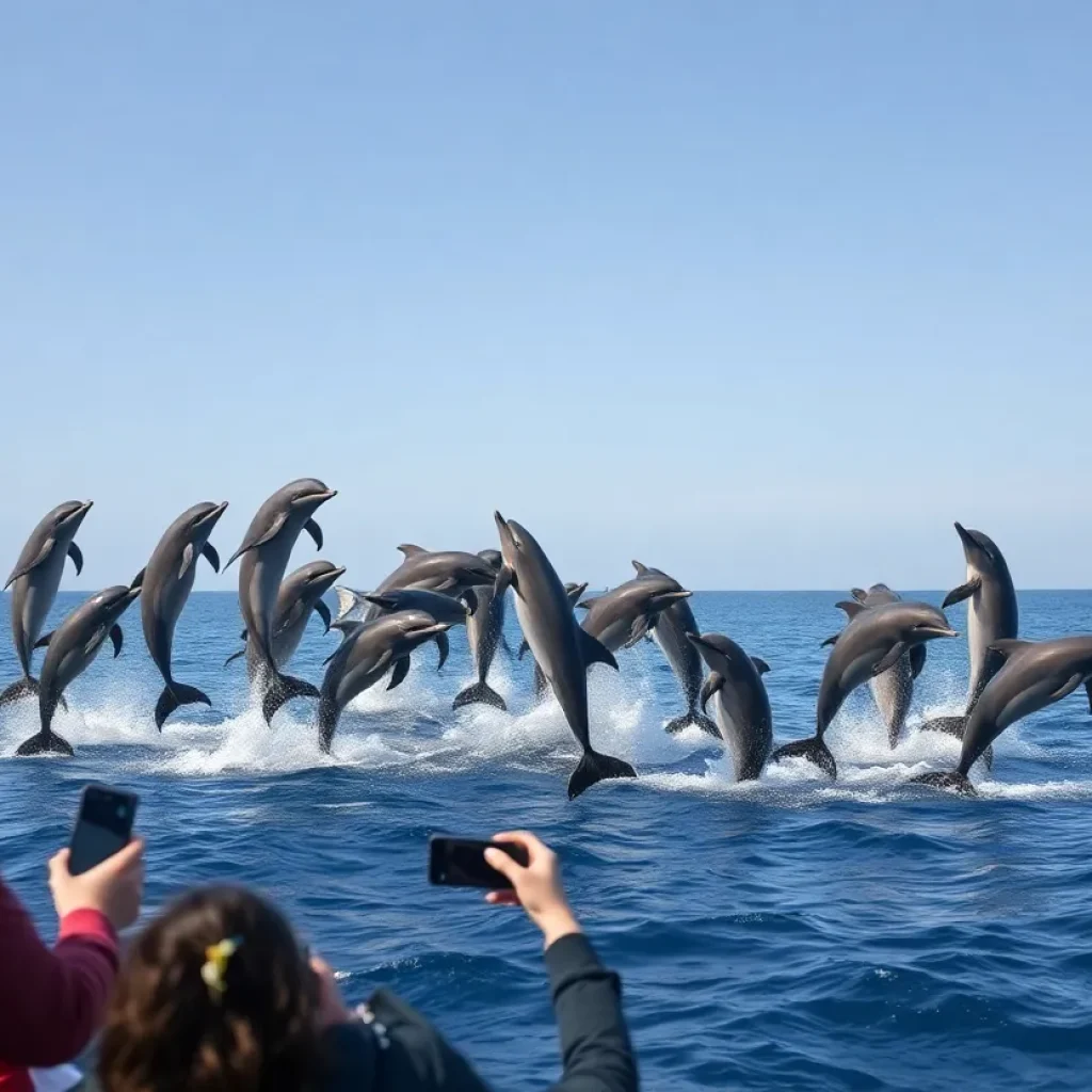 Bottlenose dolphins jumping near a whale-watching boat