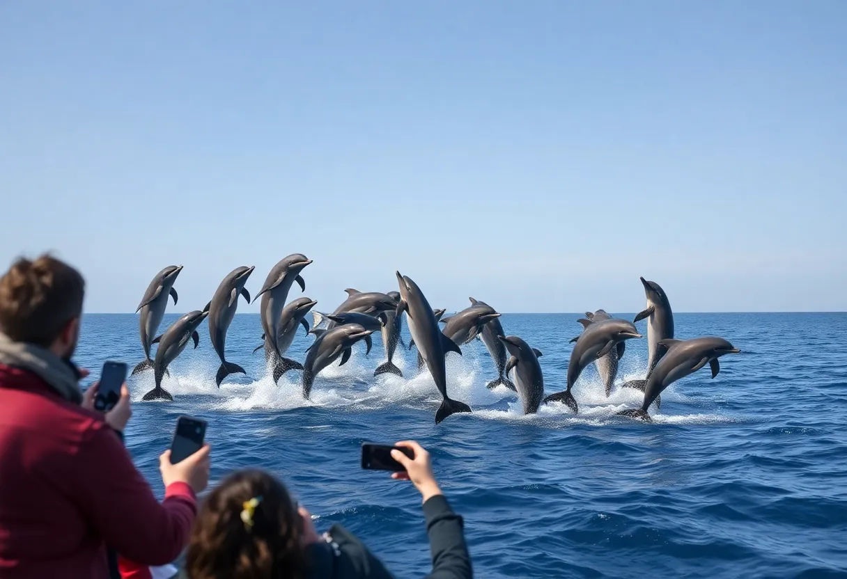 Bottlenose dolphins jumping near a whale-watching boat