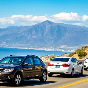 Scenic view of California with various vehicles representing auto insurance market.