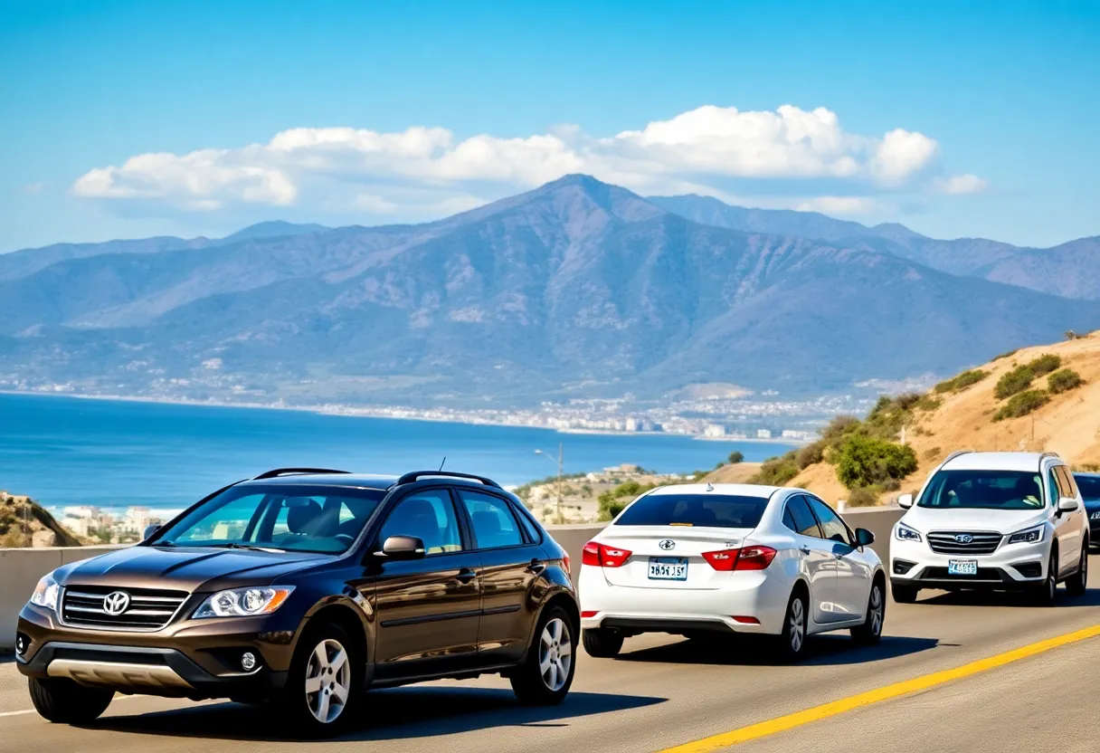 Scenic view of California with various vehicles representing auto insurance market.