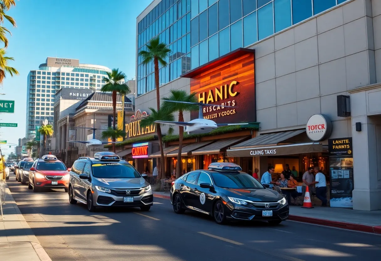 Urban skyline of California with flying taxis and bustling marketplaces