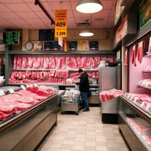 Local butcher shop with beef cuts and price tags