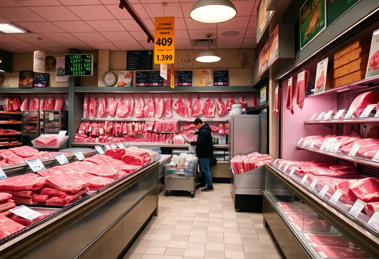 Local butcher shop with beef cuts and price tags