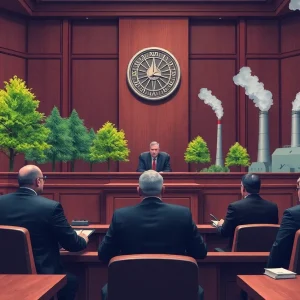 Courtroom scene related to climate disclosure laws