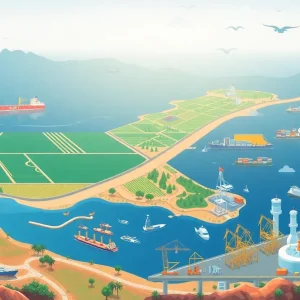 Illustration depicting California's economy with ports and agriculture