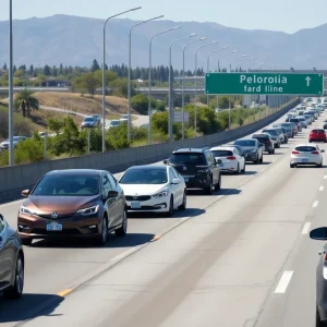 A view of a California highway with electric vehicles using carpool lanes and regular traffic lanes