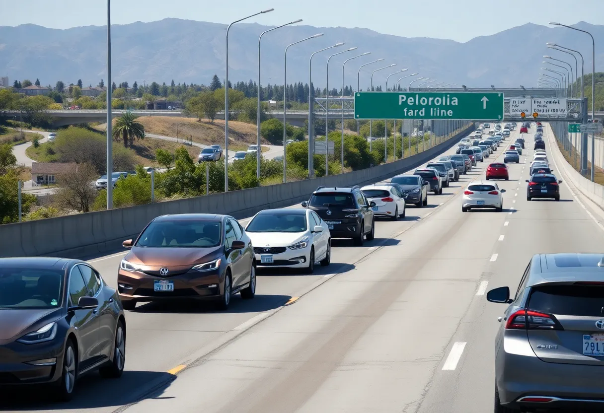 A view of a California highway with electric vehicles using carpool lanes and regular traffic lanes