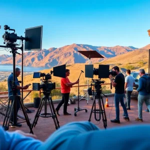 Film set in California illustrating a busy production environment.