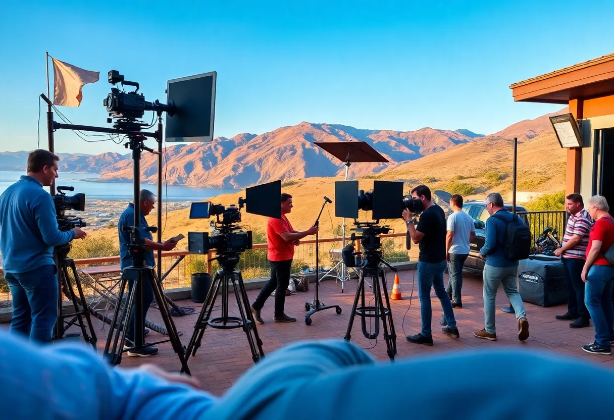 Film set in California illustrating a busy production environment.