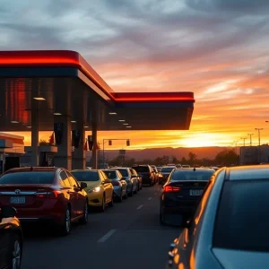 Cars lined up at a gas station in California during a gasoline supply crisis.