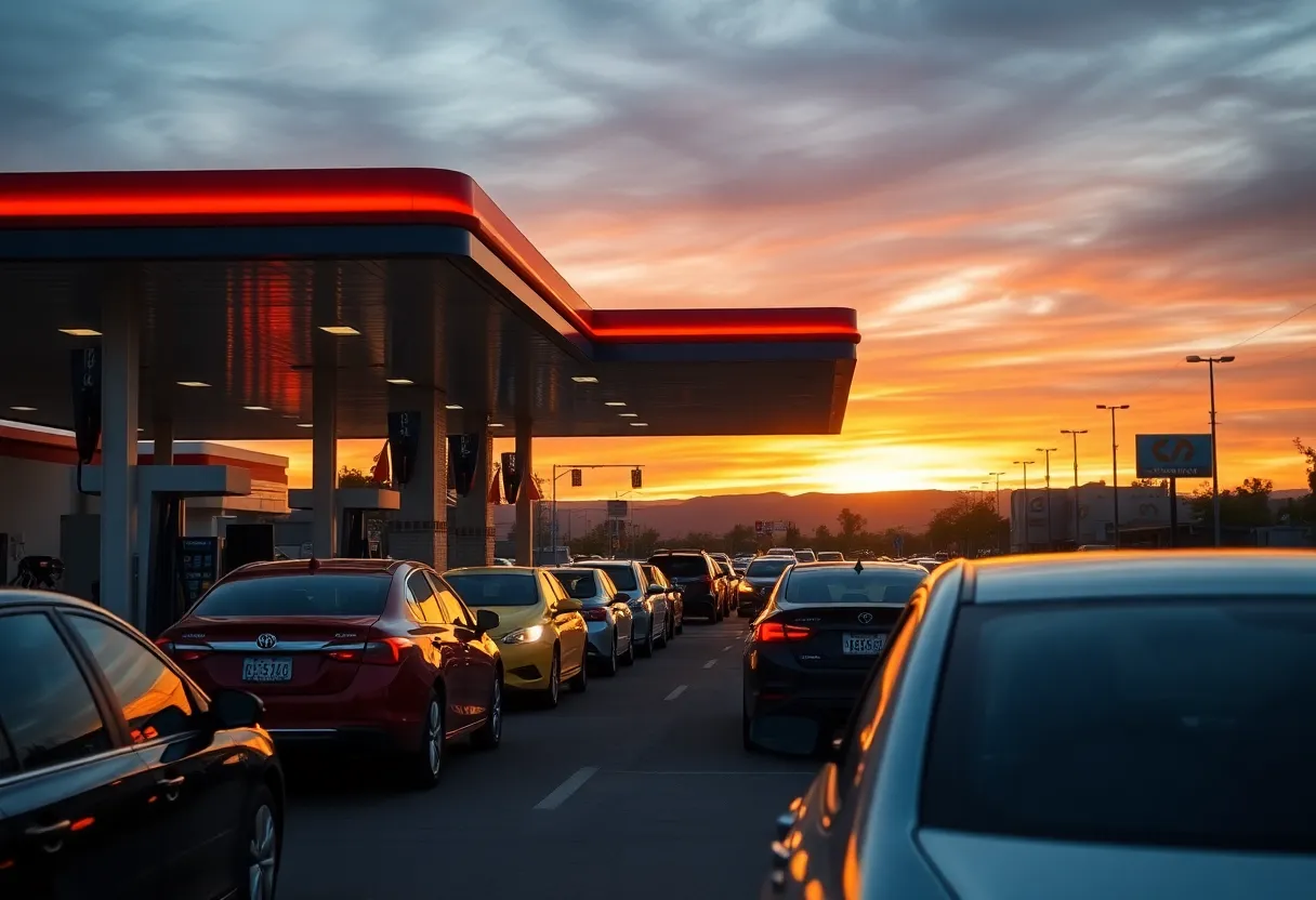 Cars lined up at a gas station in California during a gasoline supply crisis.
